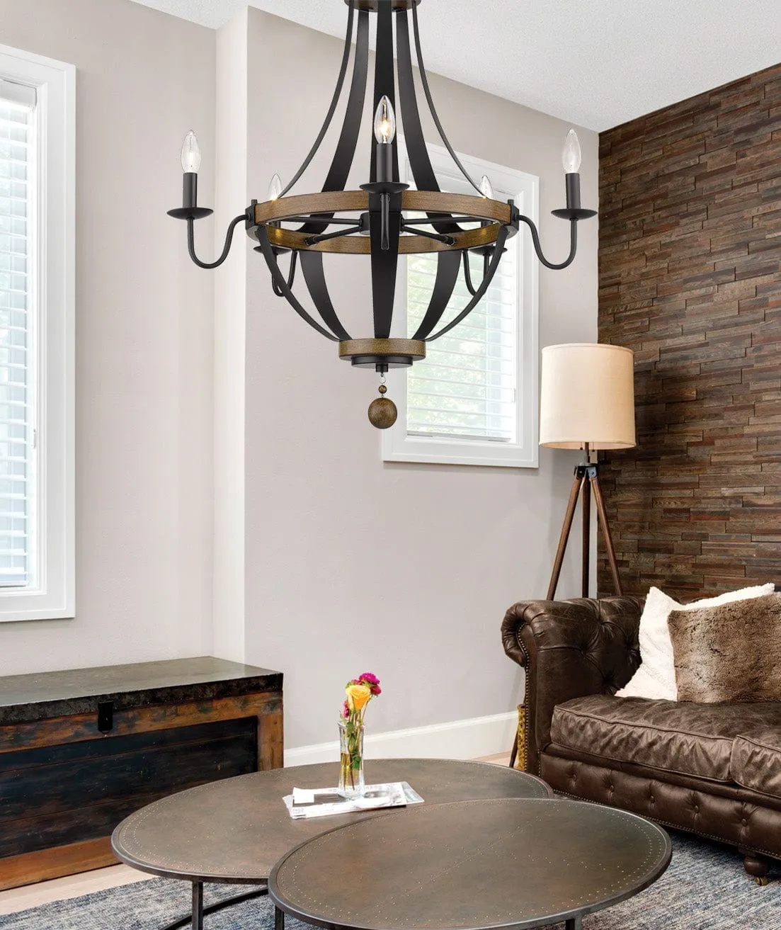 5 Lamps Ellijay Chandelier - Matte Black / Wood Tone Finish - 28in Diameter - E12 Candelabra Base