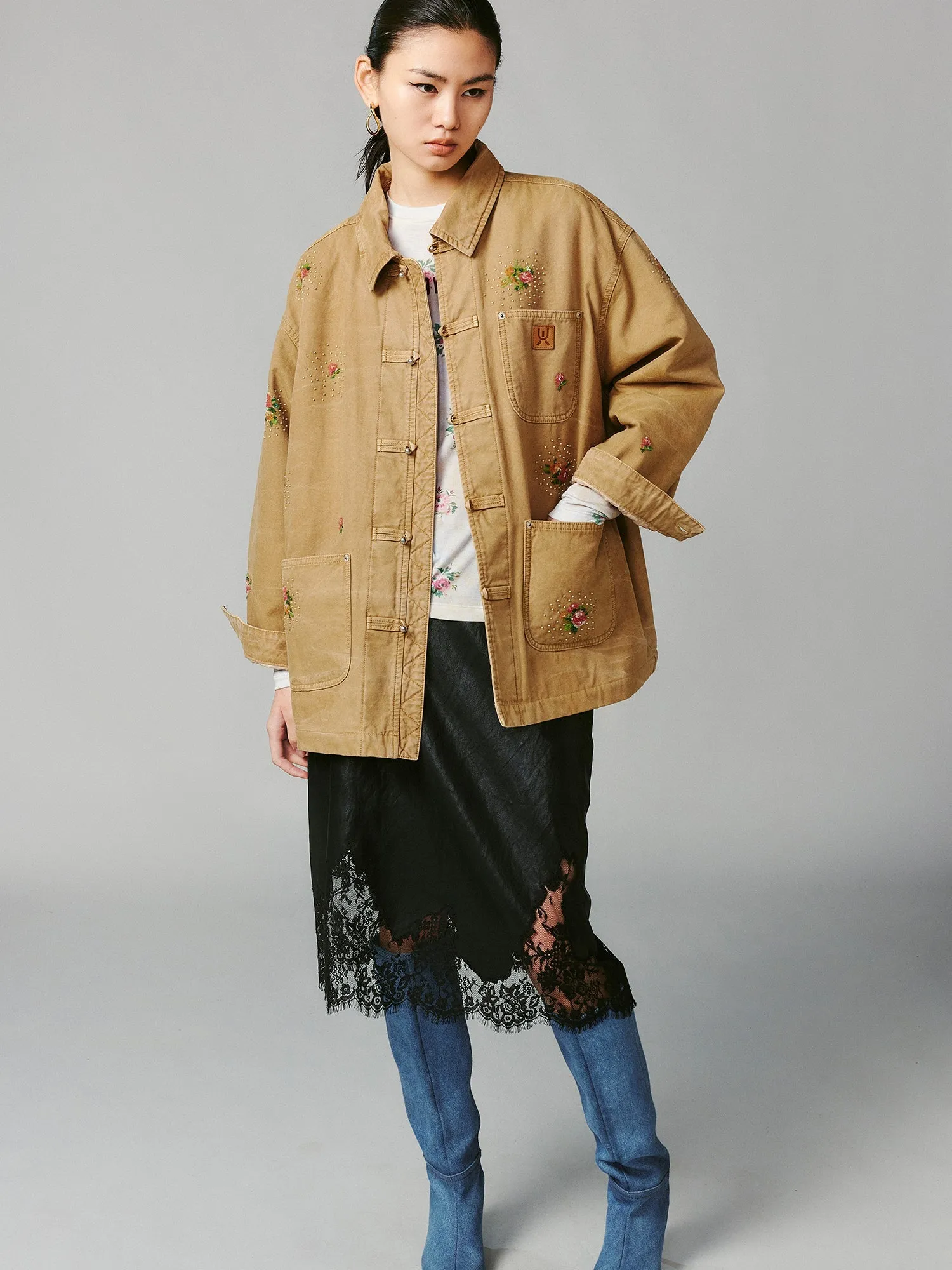 Floral embroidered and beaded workwear jacket