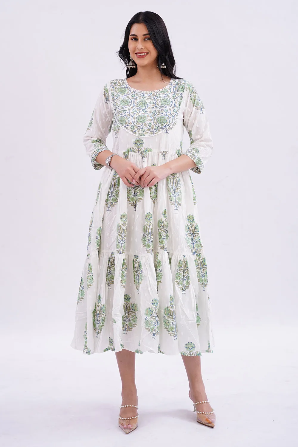Mythri Round Neck with 3/4 Sleeves Anarkali Kurthi  - Green - KU37