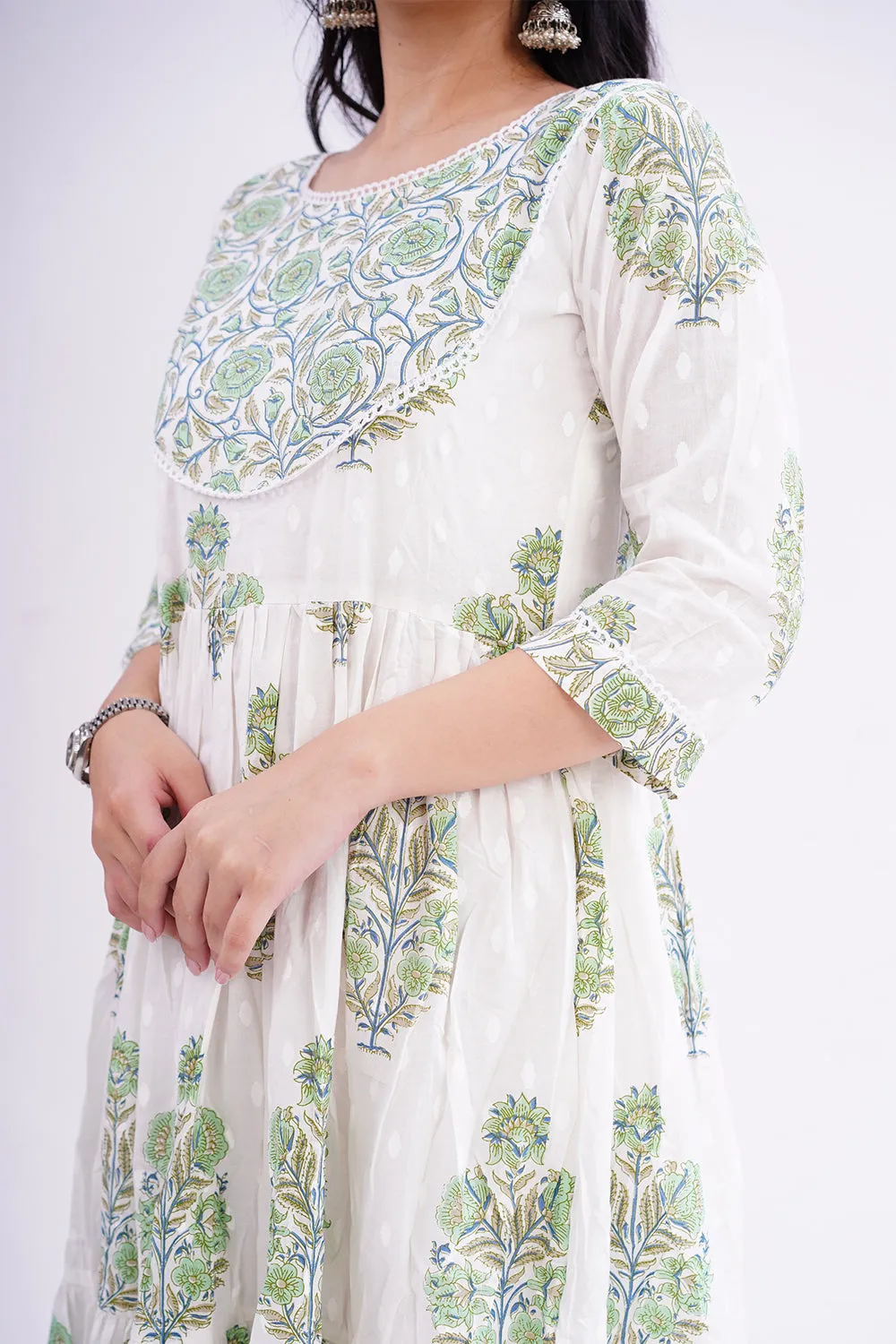 Mythri Round Neck with 3/4 Sleeves Anarkali Kurthi  - Green - KU37