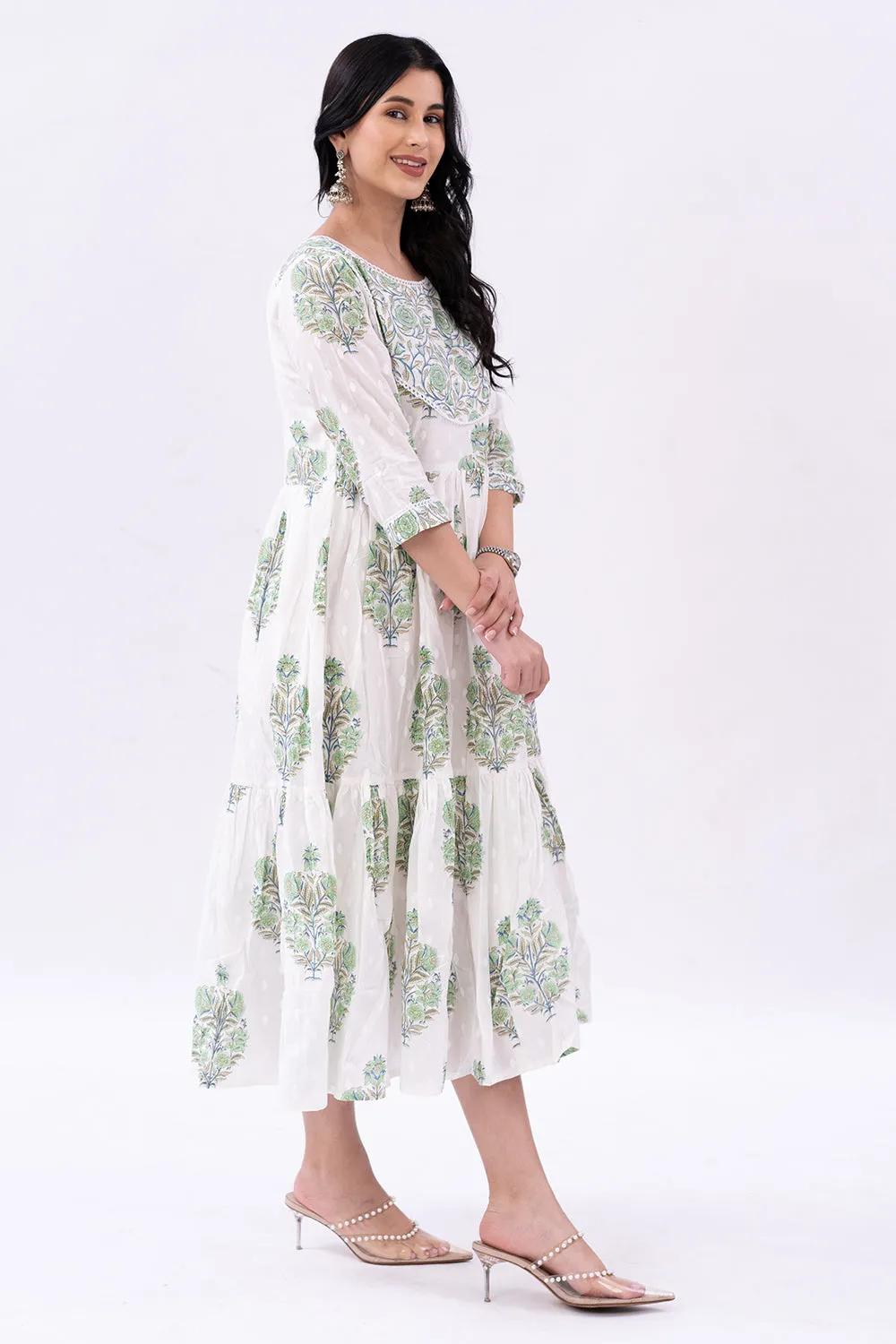 Mythri Round Neck with 3/4 Sleeves Anarkali Kurthi  - Green - KU37