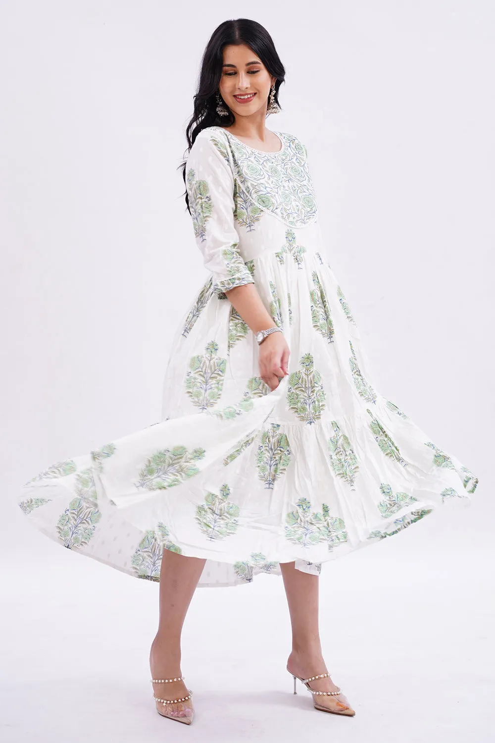 Mythri Round Neck with 3/4 Sleeves Anarkali Kurthi  - Green - KU37