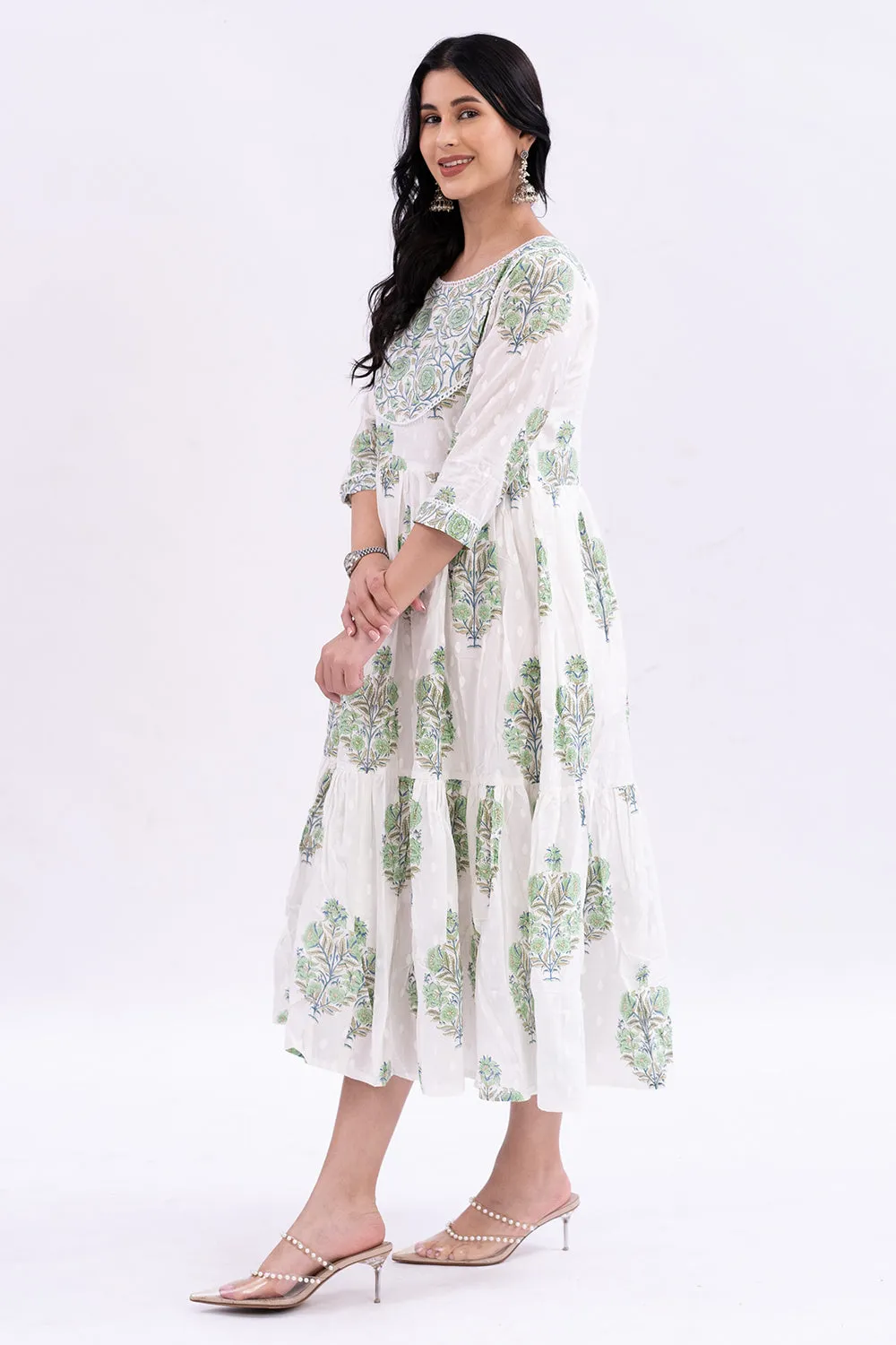 Mythri Round Neck with 3/4 Sleeves Anarkali Kurthi  - Green - KU37
