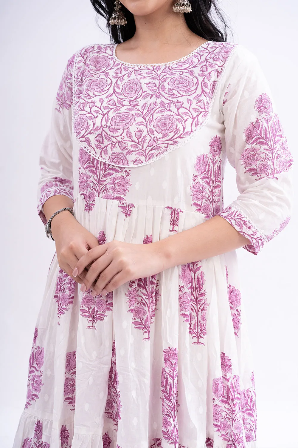Mythri Round Neck with 3/4 Sleeves Anarkali Kurthi  - Pink - KU38