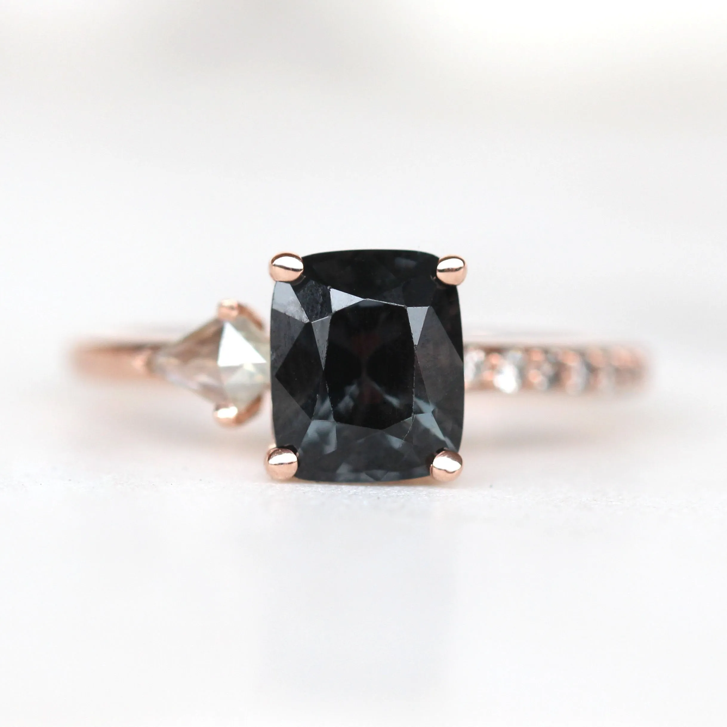 Project: Custom Zephyr Ring with a 2 Carat Emerald Cut Spinel and Salt and Pepper Accent Diamonds in 14k
