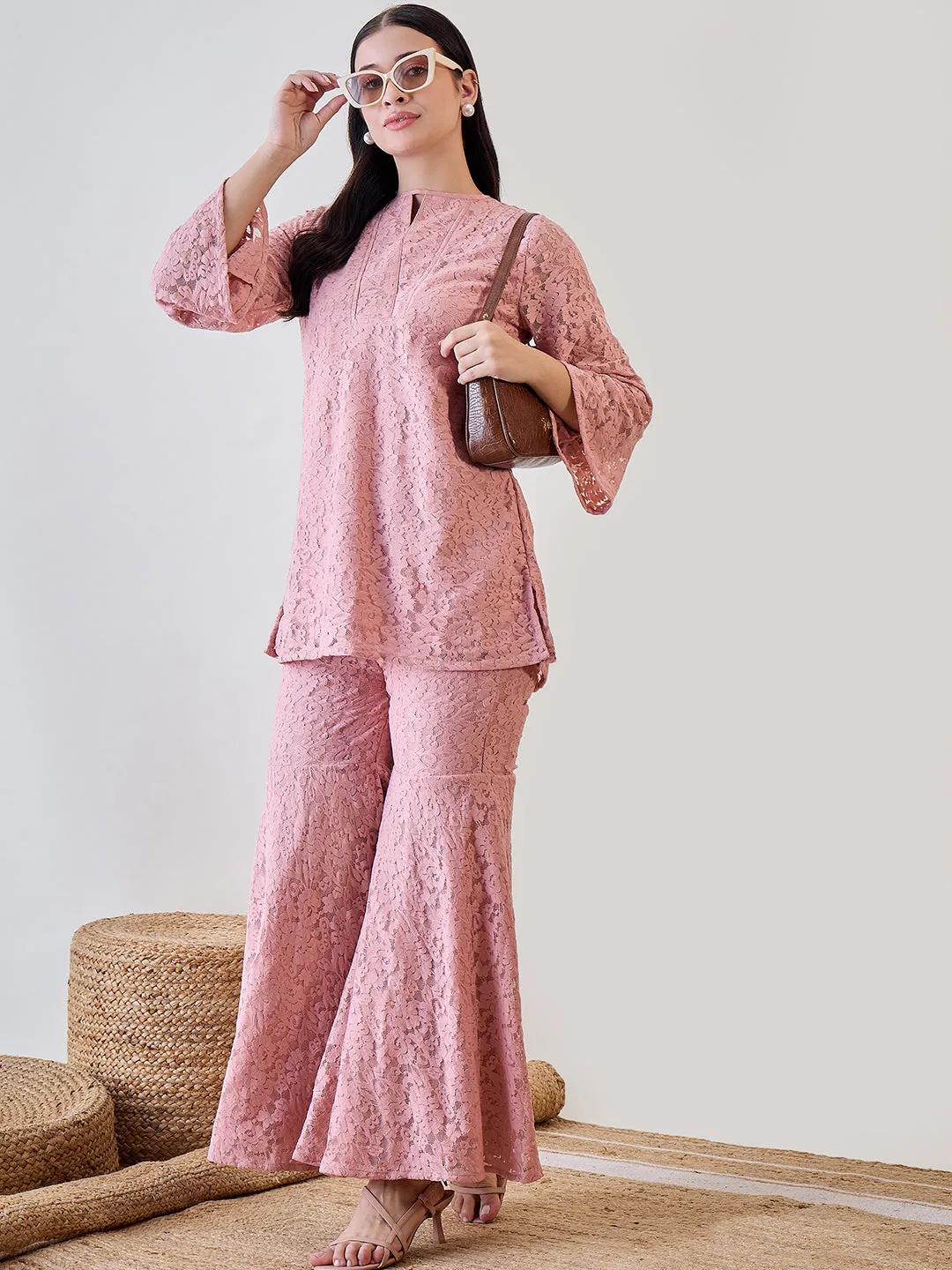Women's Pink Cotton Self Design Co-Ord Set - The Kaftan Company