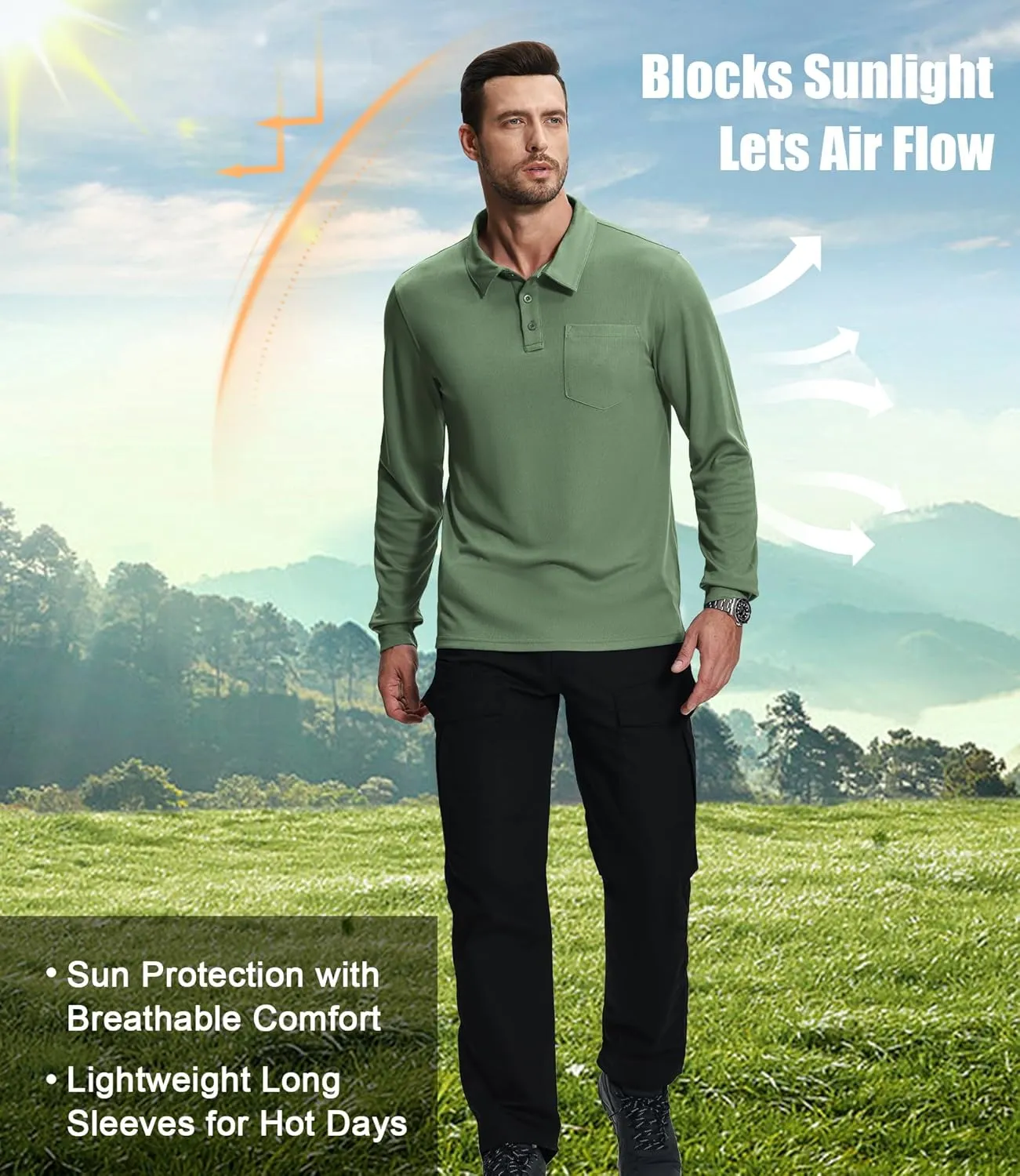 ZITY 3 Pack Long Sleeve Polo Shirts for Men with Pocket Moisture Wicking Outdoor Workwear Office Casual Collared Shirts Fall